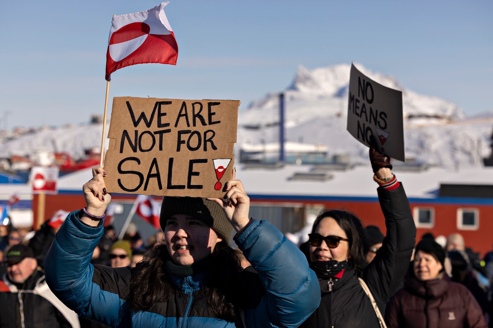 People take part in a march ending in front of the US consulate, under the slogan, Greenland belongs to the Greenlandic people, in Nuuk, Greenland, Saturday March 15, 2025. (Christian Klindt Soelbeck/Ritzau Scanpix via AP)