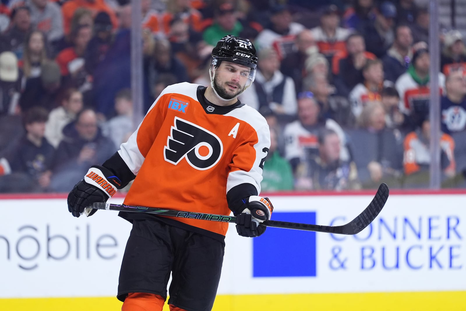 Philadelphia Flyers' Scott Laughton plays during an NHL hockey game, Saturday, Feb. 22, 2025, in Philadelphia. (AP Photo/Matt Slocum, File)