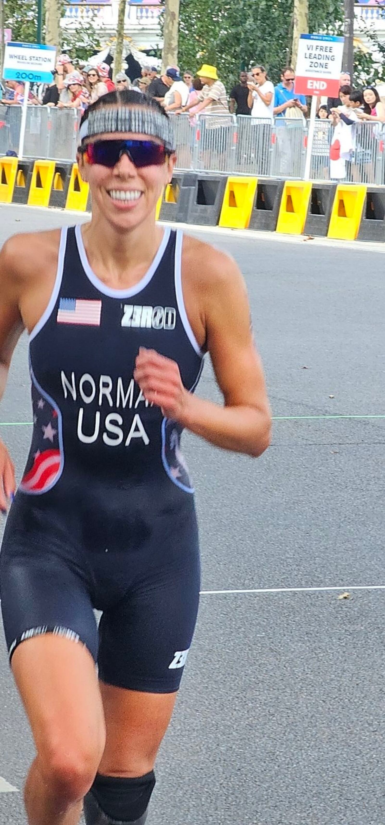 Grace Norman smiles during Monday's paratriathlon at the Paralympics in Paris. CONTRIBUTED