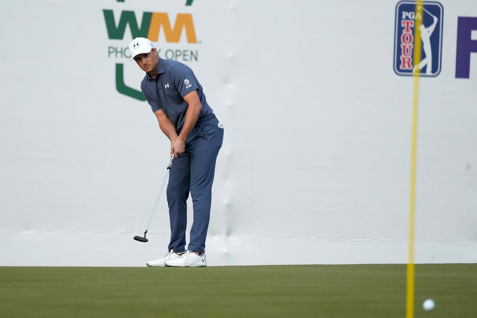 Jordan Spieth leaves his first putt short at the 16th hole during the second round of the Phoenix Open golf tournament at the TPC Scottsdale Friday, Feb. 7, 2025, in Scottsdale, Ariz. (AP Photo/Ross D. Franklin)