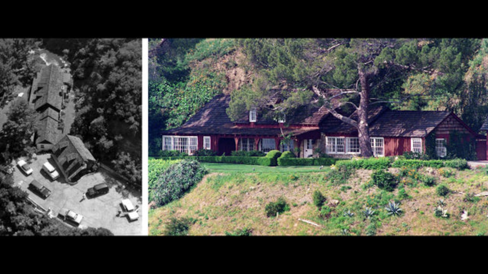 An aerial view of the rented Benedict Canyon home of actress Sharon Tate and director Roman Polanski is pictured at left on Aug. 9, 1969, the morning Tate and four others were found murdered at the home. The main house is pictured at right in 1992. AP Photo