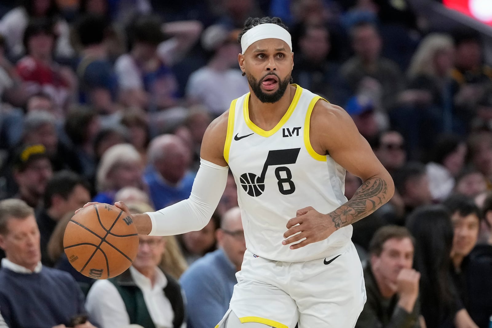 Utah Jazz guard Patty Mills brings the ball up the court against the Golden State Warriors during the second half of an NBA basketball game in San Francisco, Tuesday, Jan. 28, 2025. (AP Photo/Jeff Chiu)