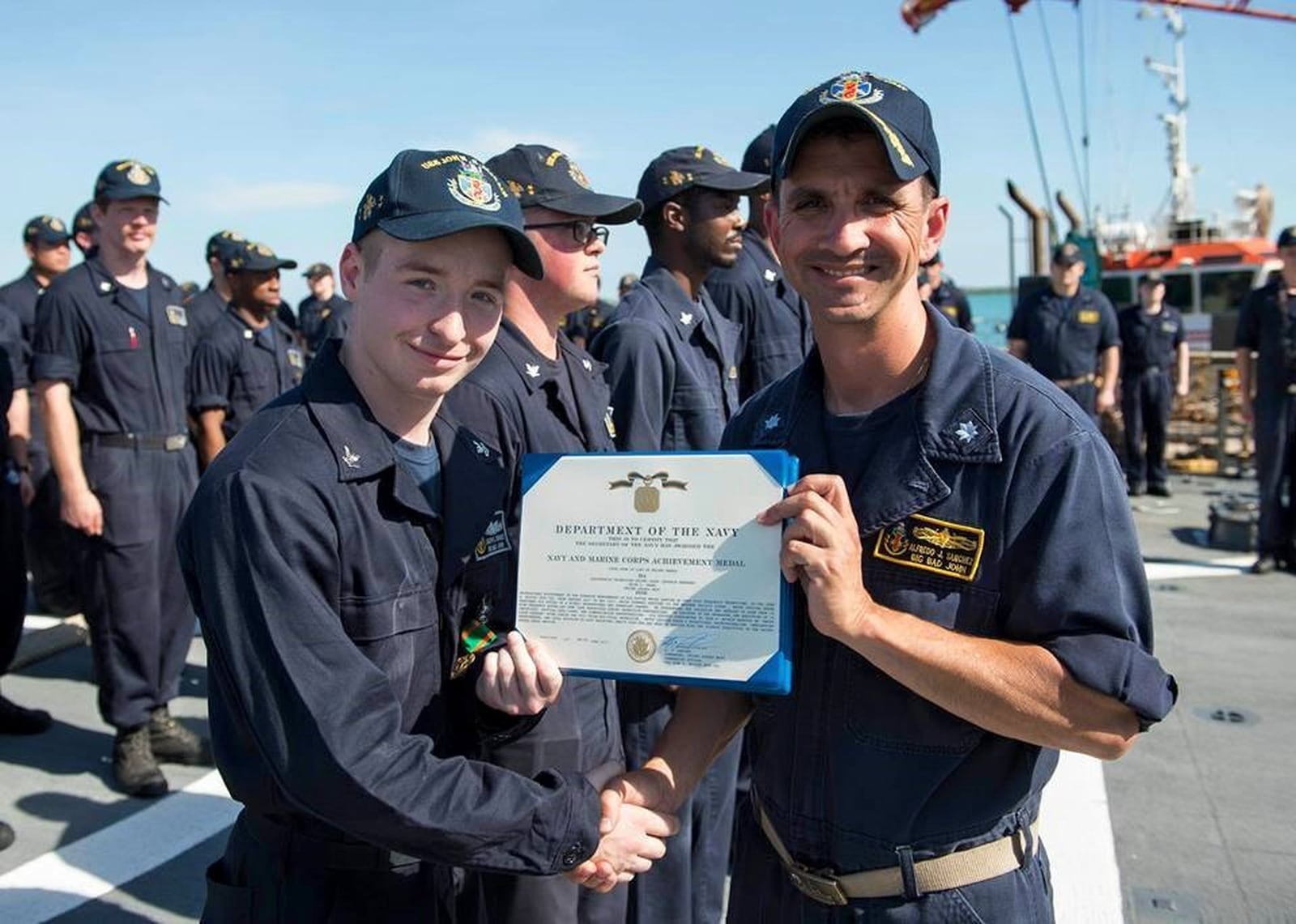 Electronics Technician 2nd Class Jacob Drake receives the Navy and Marine Corps Achievement Medal in July for his efforts during Mid-Cycle Inspection (MCI) aboard Arleigh Burke-class guided missile-class destroyer USS John S. McCain. Drake, a graduate of Triad High School, is among the sailors missing after a crash involving the USS McCain. Photo from U.S. Navy.