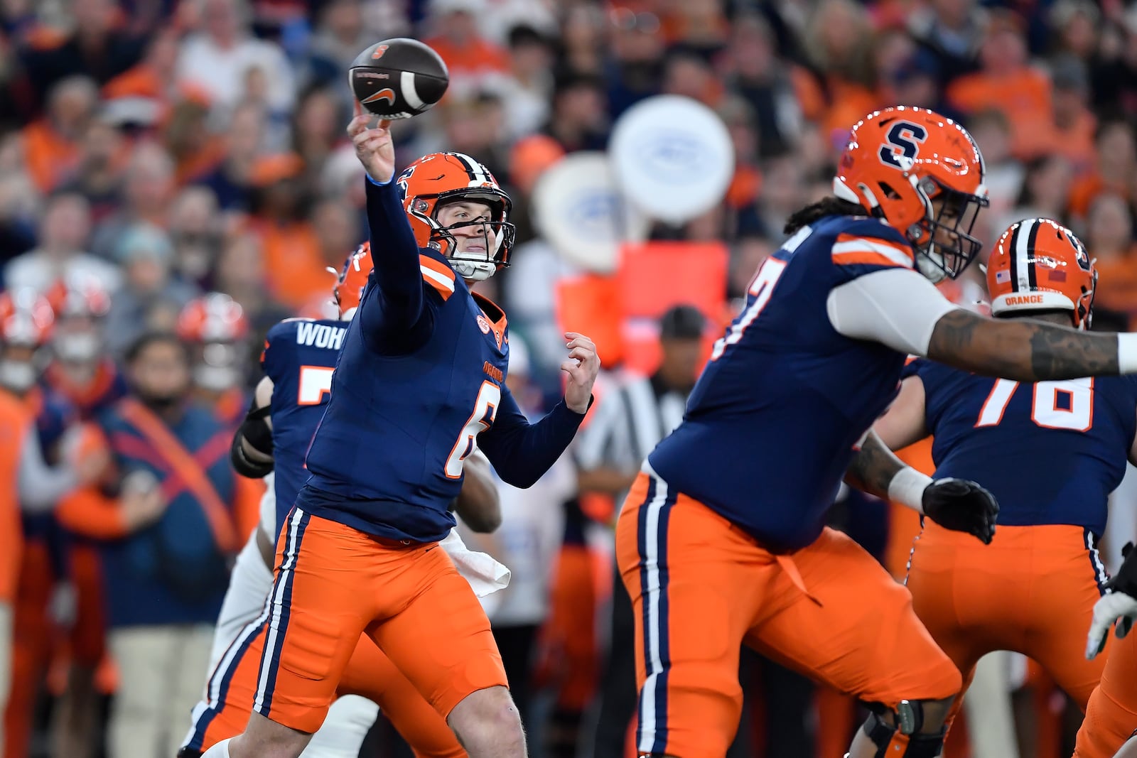 Syracuse quarterback Kyle McCord (6) throws during the first half of an NCAA football game against Miami on Saturday, Nov. 30, 2024 in Syracuse, N.Y. (AP Photo/Adrian Kraus)