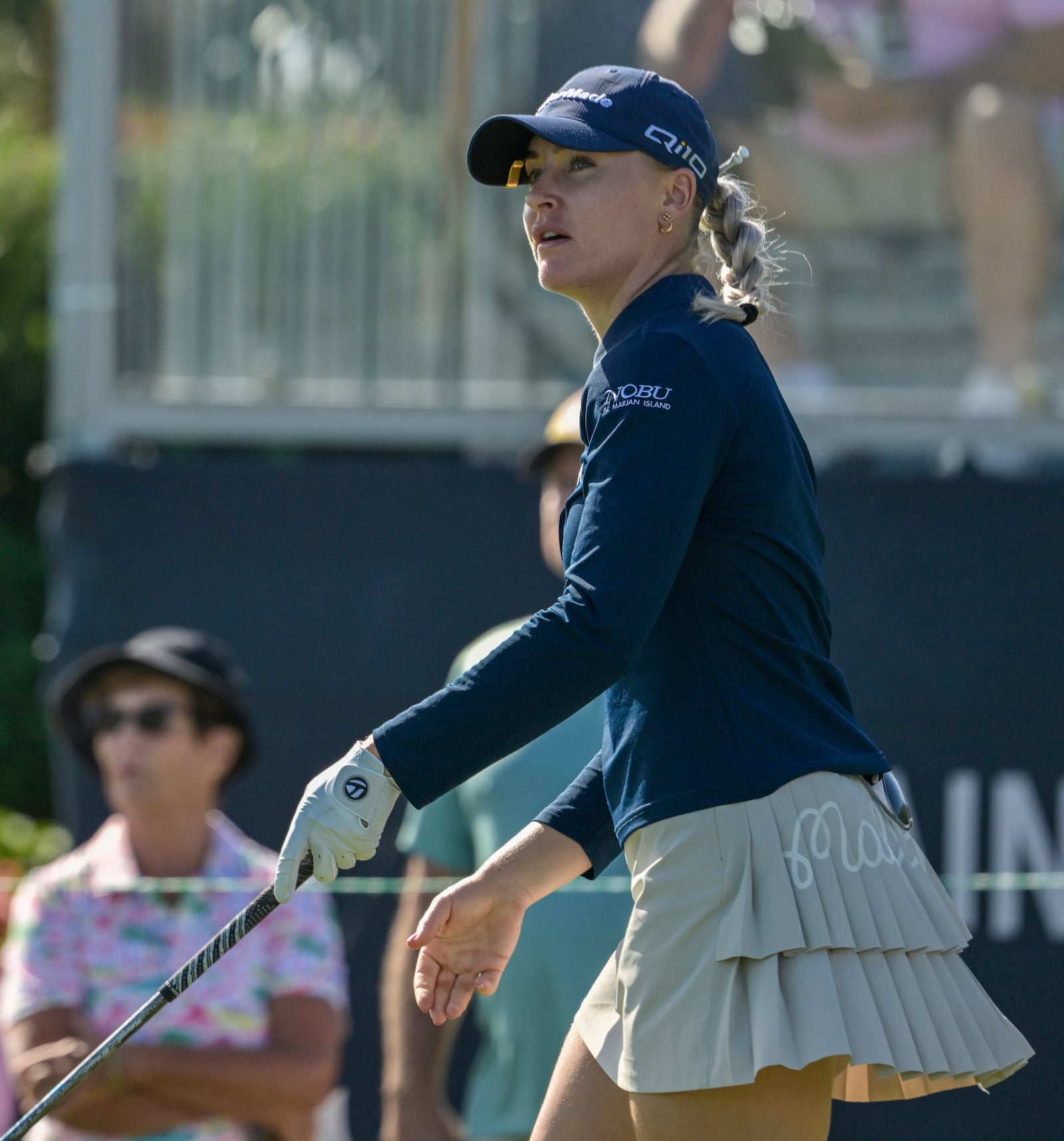 Charley Hull of England watches her tee shot on the first hole during the first round of The Annika golf tournament at Pelican Golf Club, Thursday, Nov. 14, 2024, in Belleair, Fla. (AP Photo/Steve Nesius)