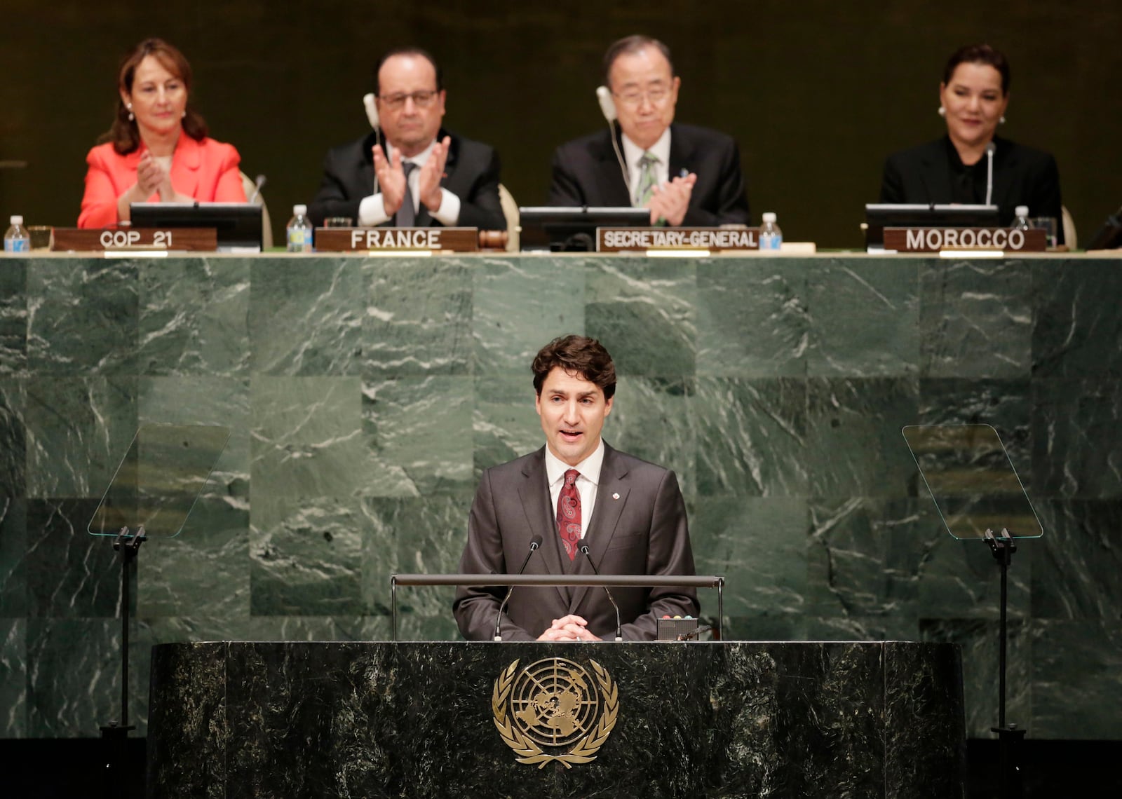 FILE - Justin Trudeau, Prime Minister of Canada, speaks before signing the Paris Agreement on climate change on April 22, 2016, at U.N. headquarters. (AP Photo/Mark Lennihan, File)