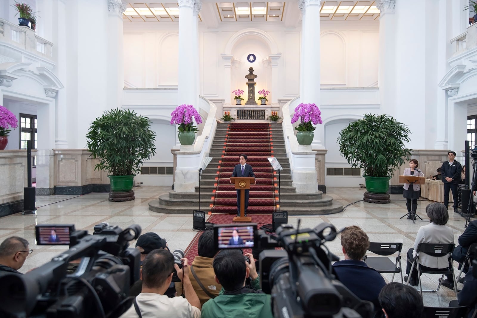 In this photo released by the Taiwan Presidential Office, Taiwan's President Lai Ching-te speaks at a press conference after a security meeting about U.S. President Trump's tariffs on trade partners and semiconductors at the Presidential office in Taipei, Friday, Feb. 14, 2025. (Taiwan Presidential Office via AP)