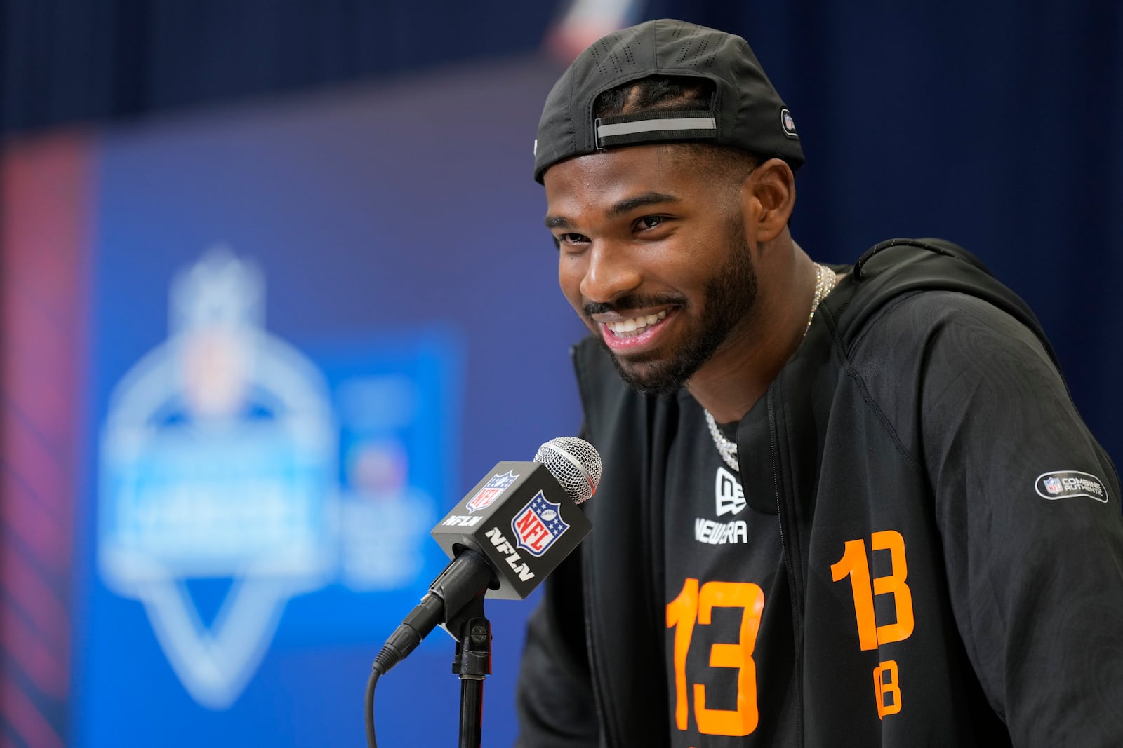 Colorado quarterback Shedeur Sanders speaks during a press conference at the NFL football scouting combine Friday, Feb. 28, 2025, in Indianapolis. (AP Photo/George Walker IV)