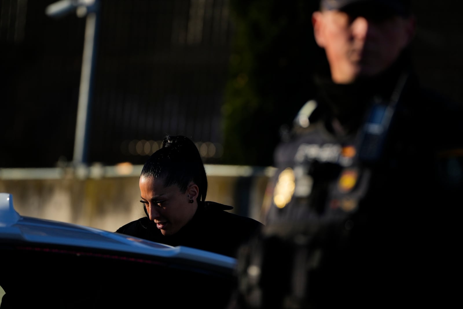 Soccer player Jenni Hermoso arrives at a court on the outskirts of Madrid, Spain, Monday Feb. 3, 2025 to appear as a witness during the trial of former president of Spain's soccer federation Luis Rubiales for his unsolicited kiss on Jenni Hermoso. (AP Photo/Manu Fernandez)