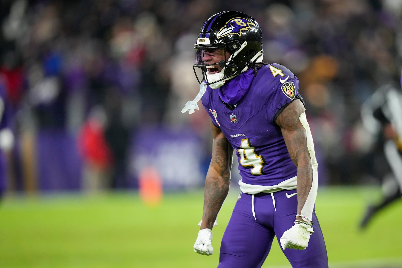 Baltimore Ravens wide receiver Zay Flowers reacts after making a catch against the Pittsburgh Steelers during the second half of an NFL football game, Saturday, Dec. 21, 2024, in Baltimore. (AP Photo/Stephanie Scarbrough)