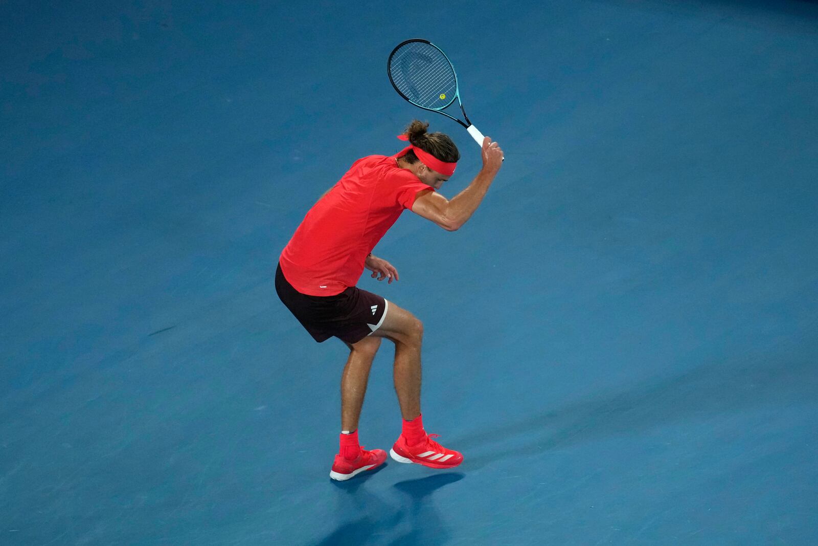 Alexander Zverev of Germany reacts during the men's singles final against Jannik Sinner of Italy in the men's singles final at the Australian Open tennis championship in Melbourne, Australia, Sunday, Jan. 26, 2025. (AP Photo/Manish Swarup)