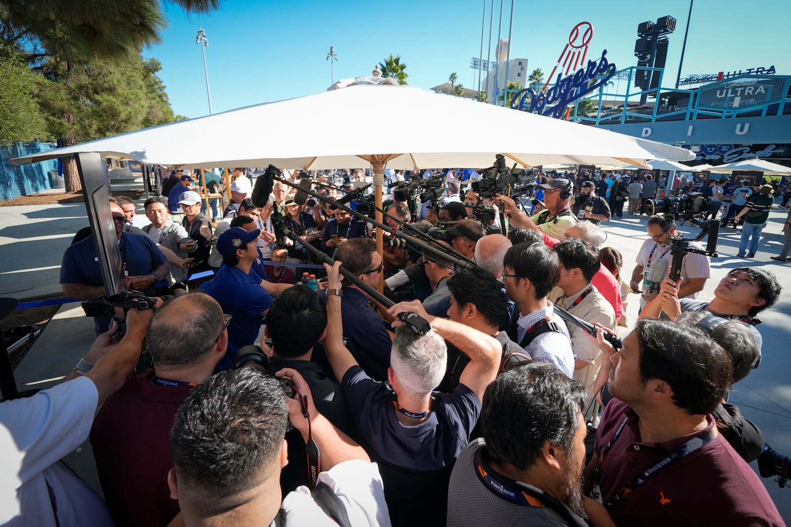 Los Angeles Dodgers' Shohei Ohtani speaks during media day for the baseball World Series against the New York Yankees, Thursday, Oct. 24, 2024, in Los Angeles. (AP Photo/Ashley Landis)