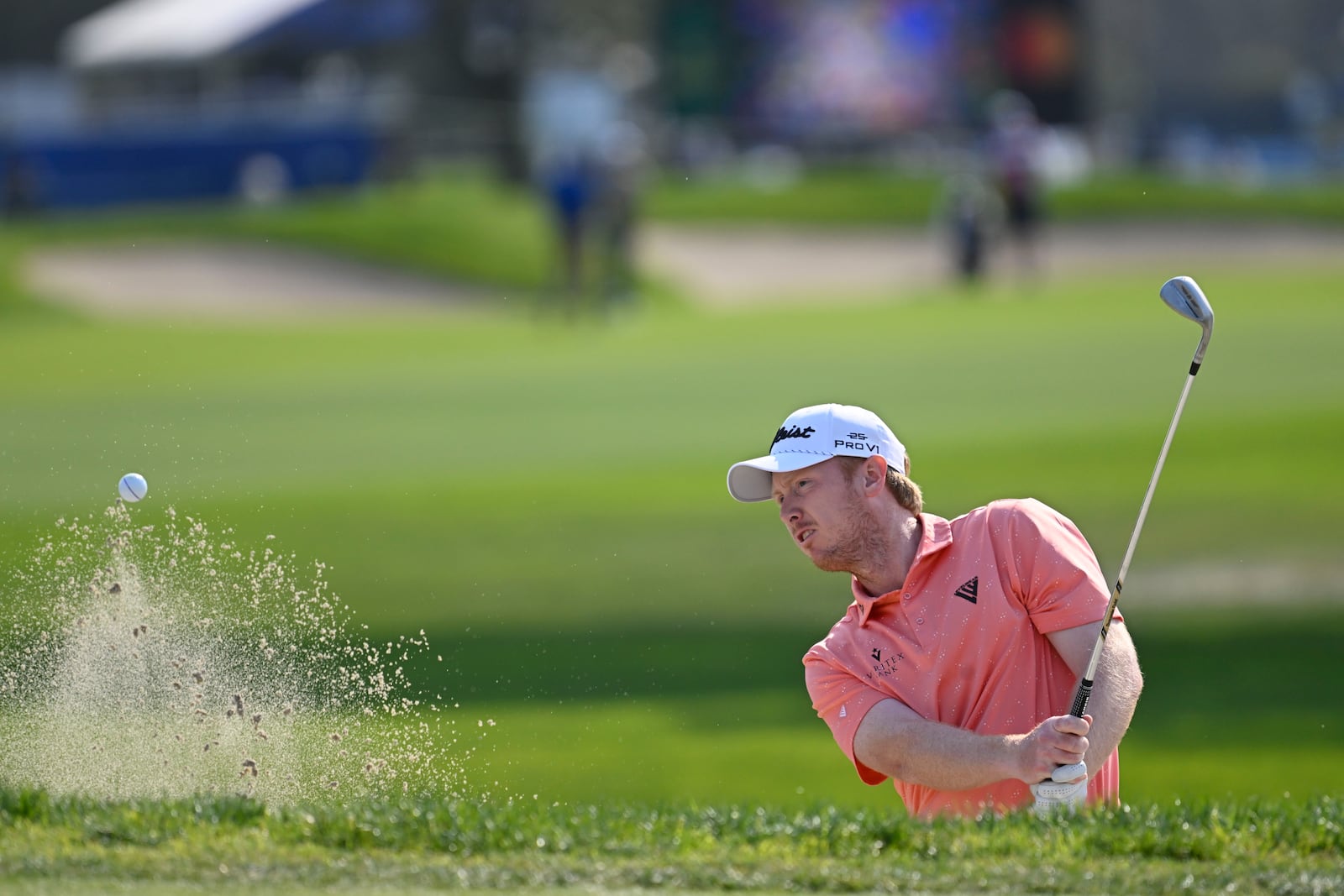 Hayden Springer hits out of the bunker on the sixth hole on the South Course at Torrey Pines during the third round of the Farmers Insurance Open golf tournament Friday, Jan. 24, 2025, in San Diego. (AP Photo/Denis Poroy)