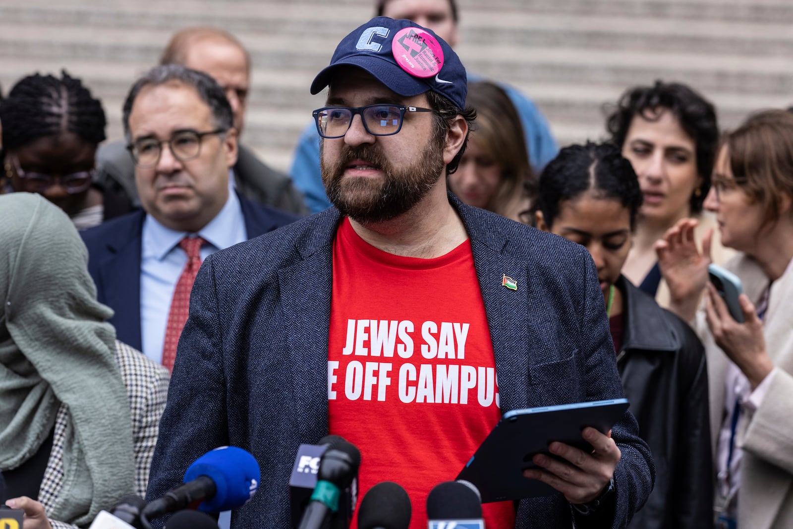 Columbia University associate professor, Joseph Howley speaks to the media after attending a hearing in Manhattan federal court addressing the deportation case of Mahmoud Khalil, Wednesday, March 12, 2025, in New York. (AP Photo/Stefan Jeremiah)