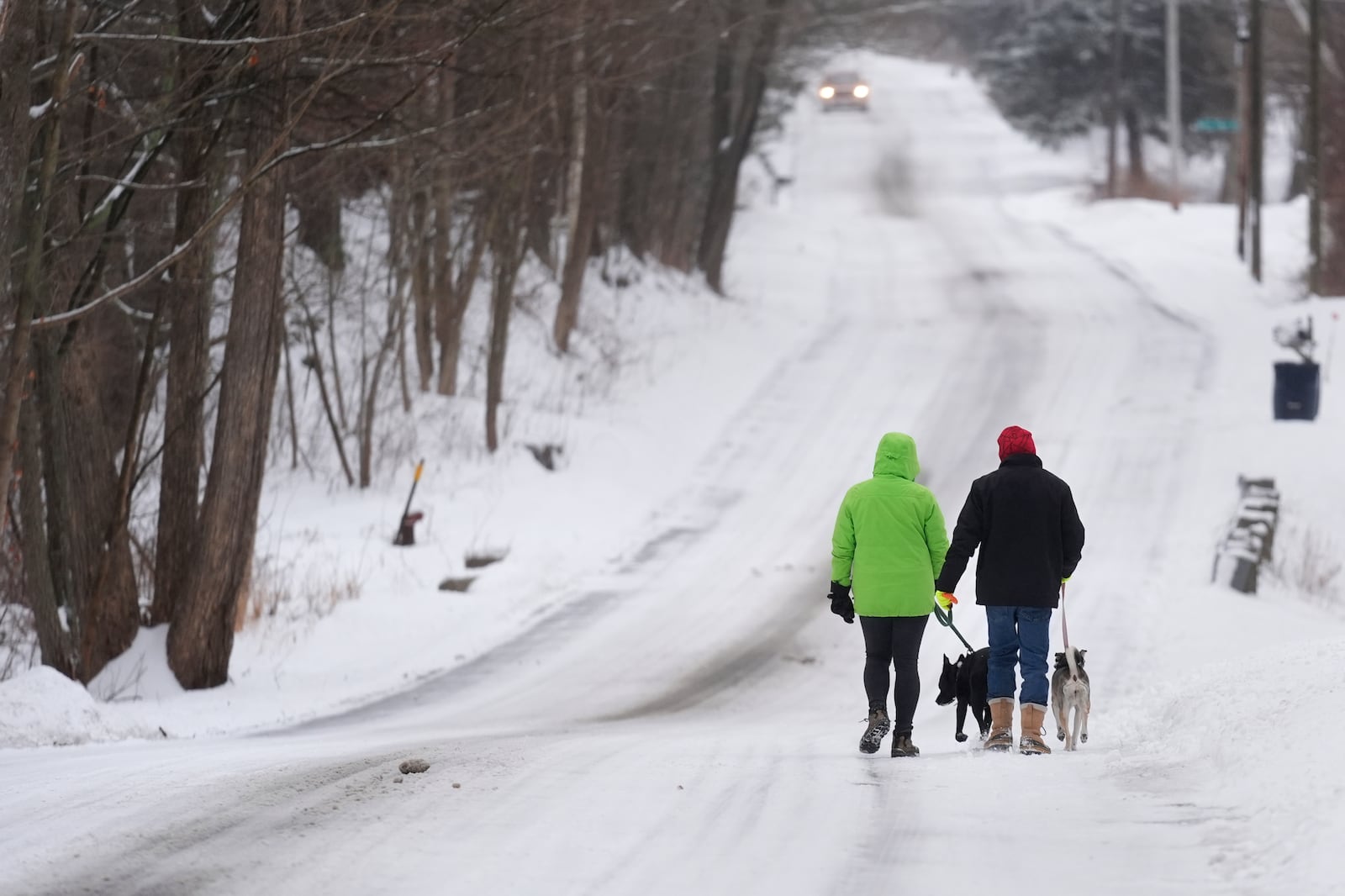 Molly, left, and Eric Bemis walk their dogs on a snow covered road, Thursday, Feb. 6, 2025, in East Derry, N.H. (AP Photo/Charles Krupa)