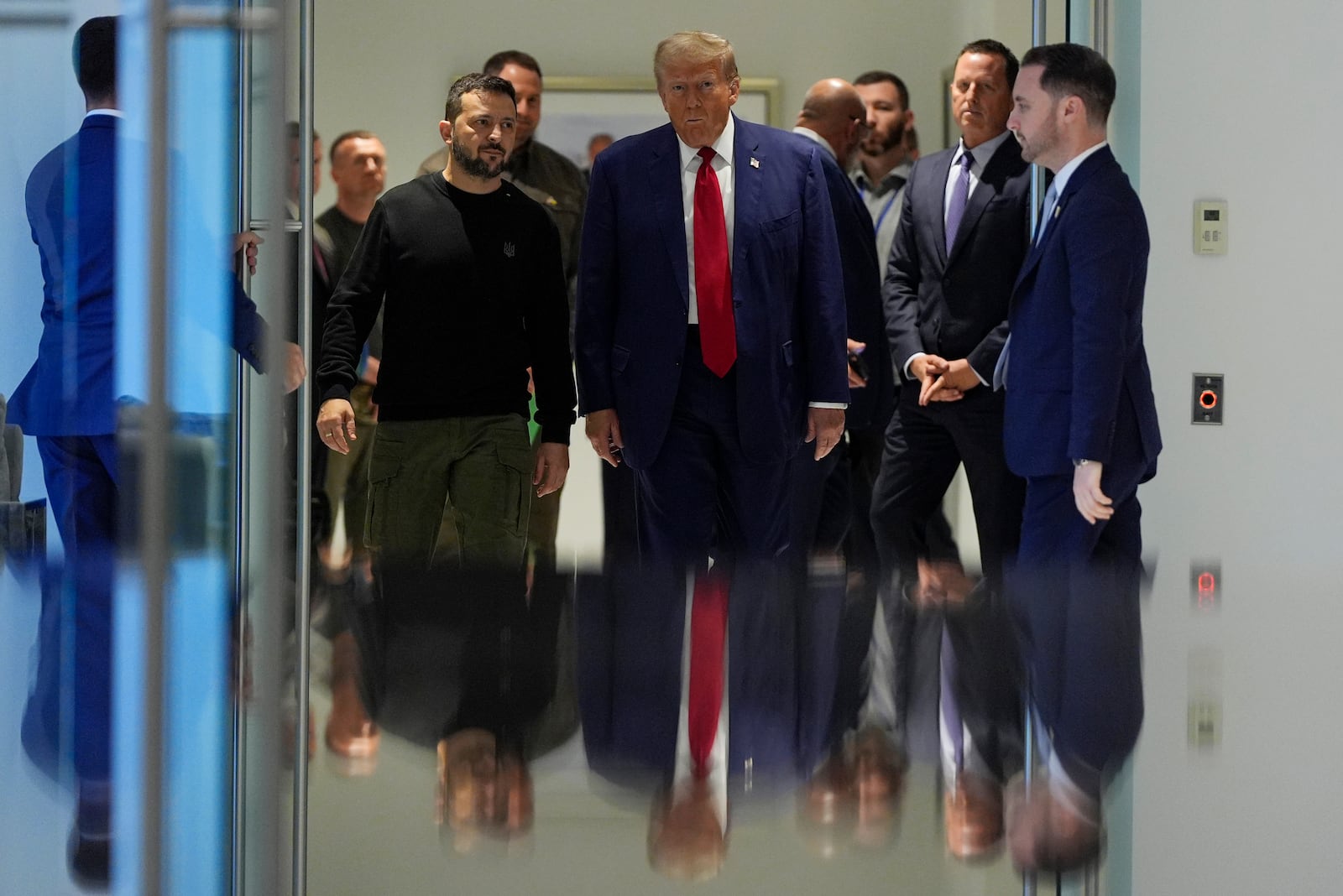 FILE - Republican presidential nominee former President Donald Trump meets with Ukraine's President Volodymyr Zelenskyy at Trump Tower, Friday, Sept. 27, 2024, in New York. (AP Photo/Julia Demaree Nikhinson, File)