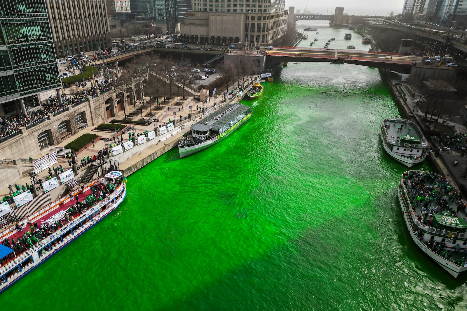 The Chicago River is dyed green as part of annual St. Patrick's Day festivities Saturday, March 15, 2025, in Chicago. (AP Photo/Erin Hooley)