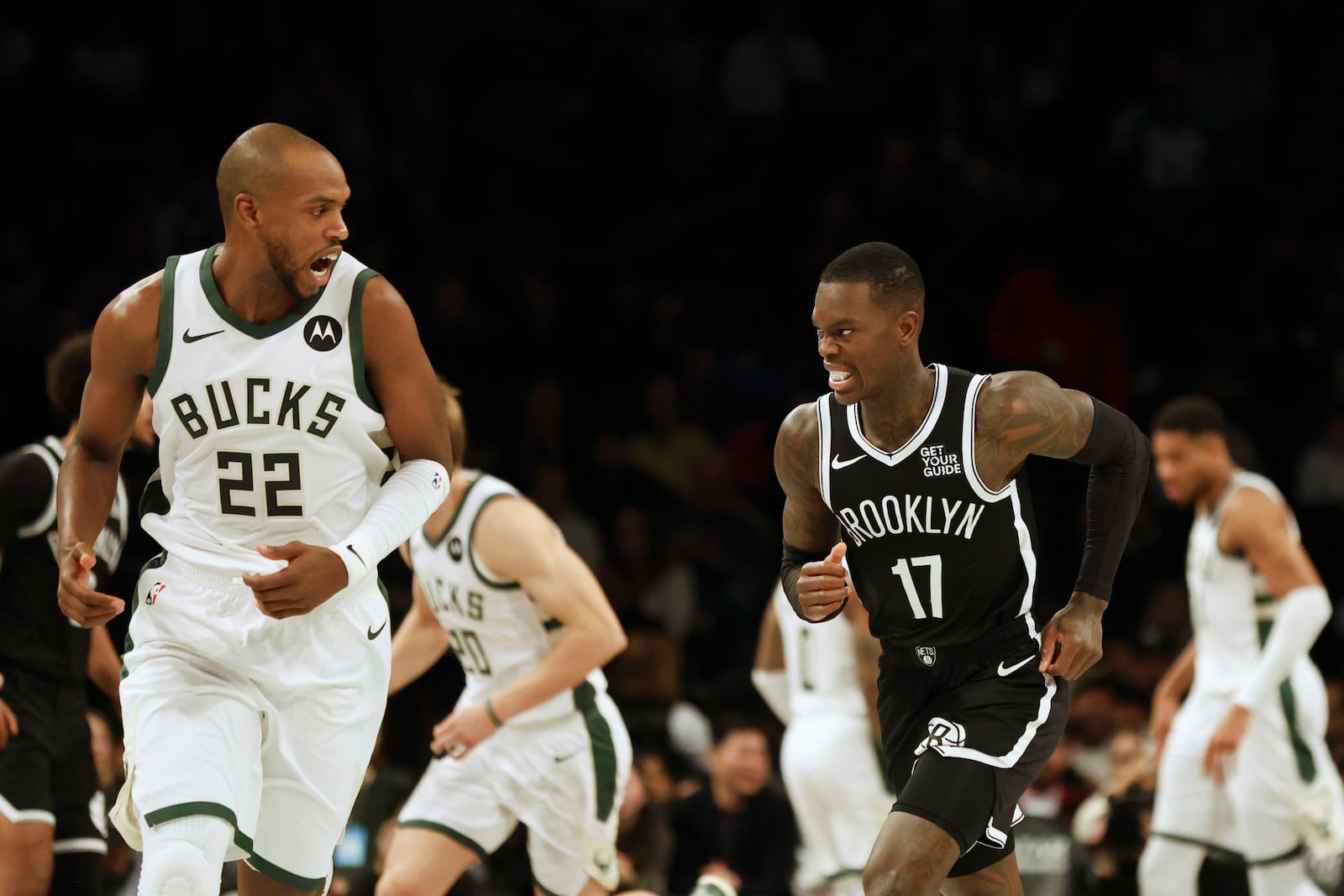 Brooklyn Nets' Dennis Schroder reacts after scoring during the first half of an NBA basketball game against the Milwaukee Bucks, Sunday, Dec. 8, 2024, in New York. (AP Photo/Heather Khalifa)