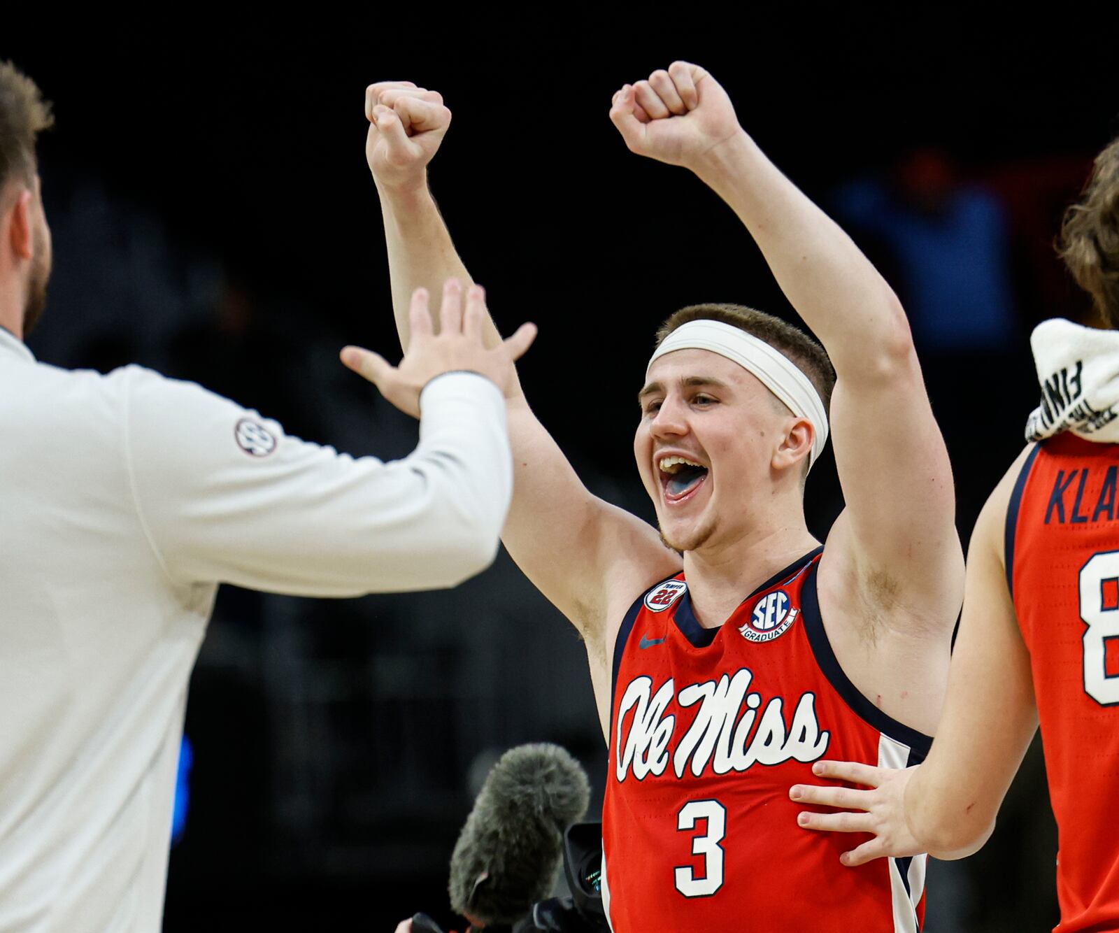 Mississippi guard Sean Pedulla (3) reacts against Iowa State in the second half in the second round of the NCAA college basketball tournament Sunday, March 23, 2025, in Milwaukee. (AP Photo/Jeffrey Phelps)