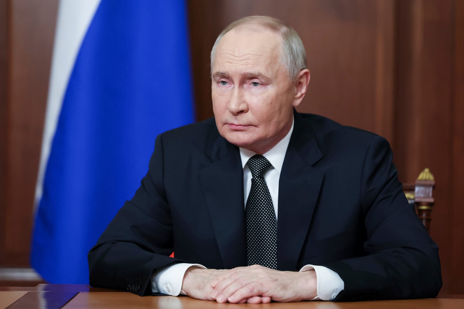 Russian President Vladimir Putin addressees the nation at the Kremlin in Moscow, Russia, Thursday, Nov. 21, 2024. (Vyacheslav Prokofyev, Sputnik, Kremlin Pool Photo via AP)