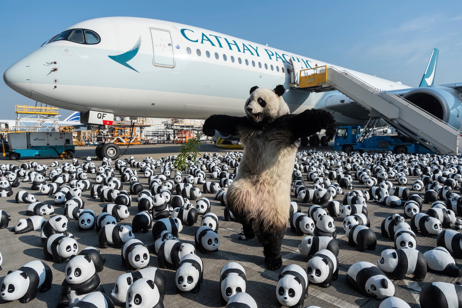 A panda mascot poses for photographs in front of the panda sculptures displayed at the Hong Kong International Airport during the welcome ceremony of the panda-themed exhibition "Panda Go!" in Hong Kong, Monday, Dec. 2, 2024. (AP Photo/Chan Long Hei)