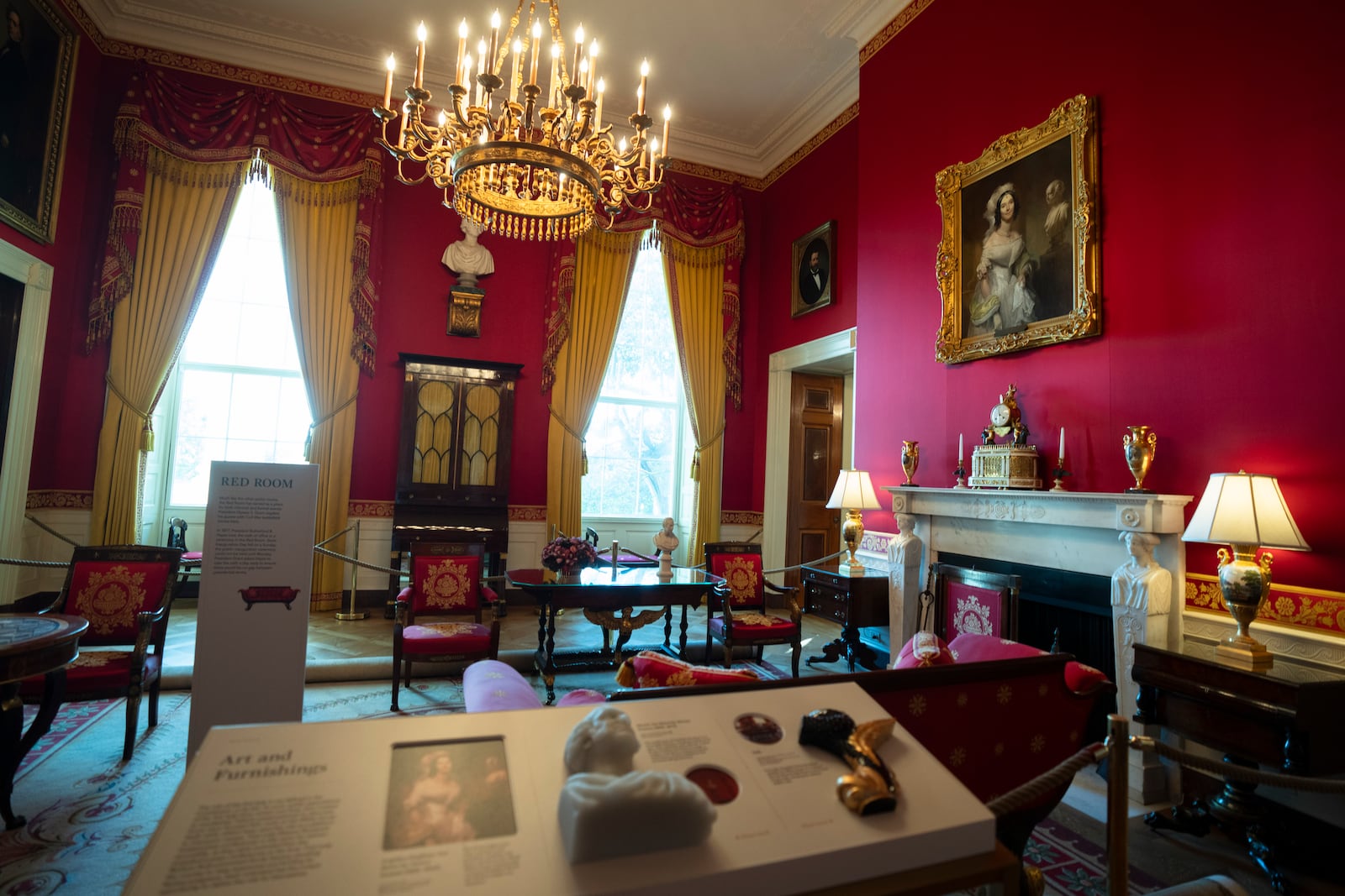 The Red Room is shown Friday, Oct. 18, 2024 in Washington in preparation for first lady Jill Biden's unveiling of the updated White House Public Tour on Monday, Oct. 21, 2024. (AP Photo/Manuel Balce Ceneta)