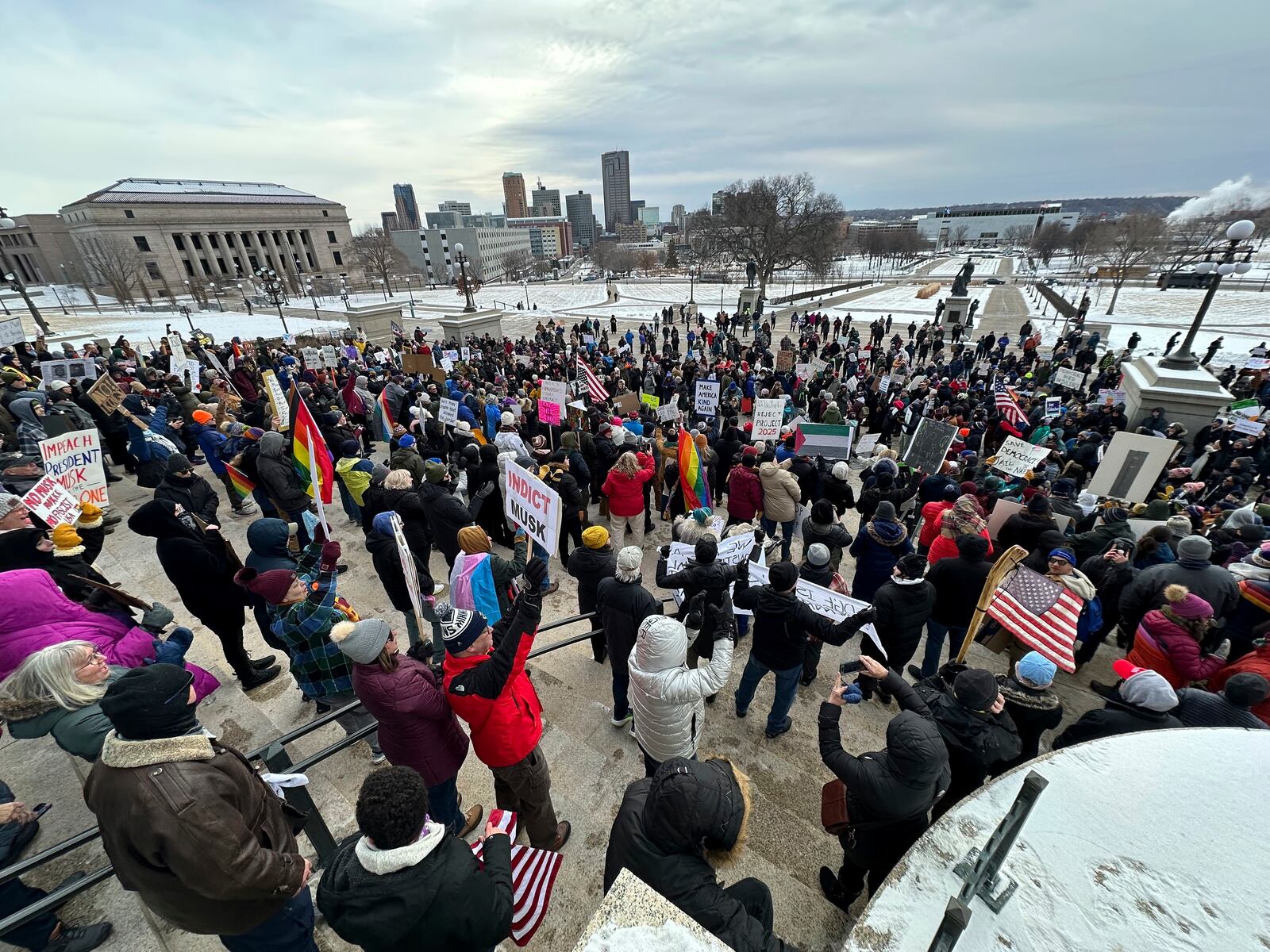 Protesters gather on the state capitol on Wednesday, Feb. 5, 2025 in St. Paul, Minn. (AP photo/Mark Vancleave)