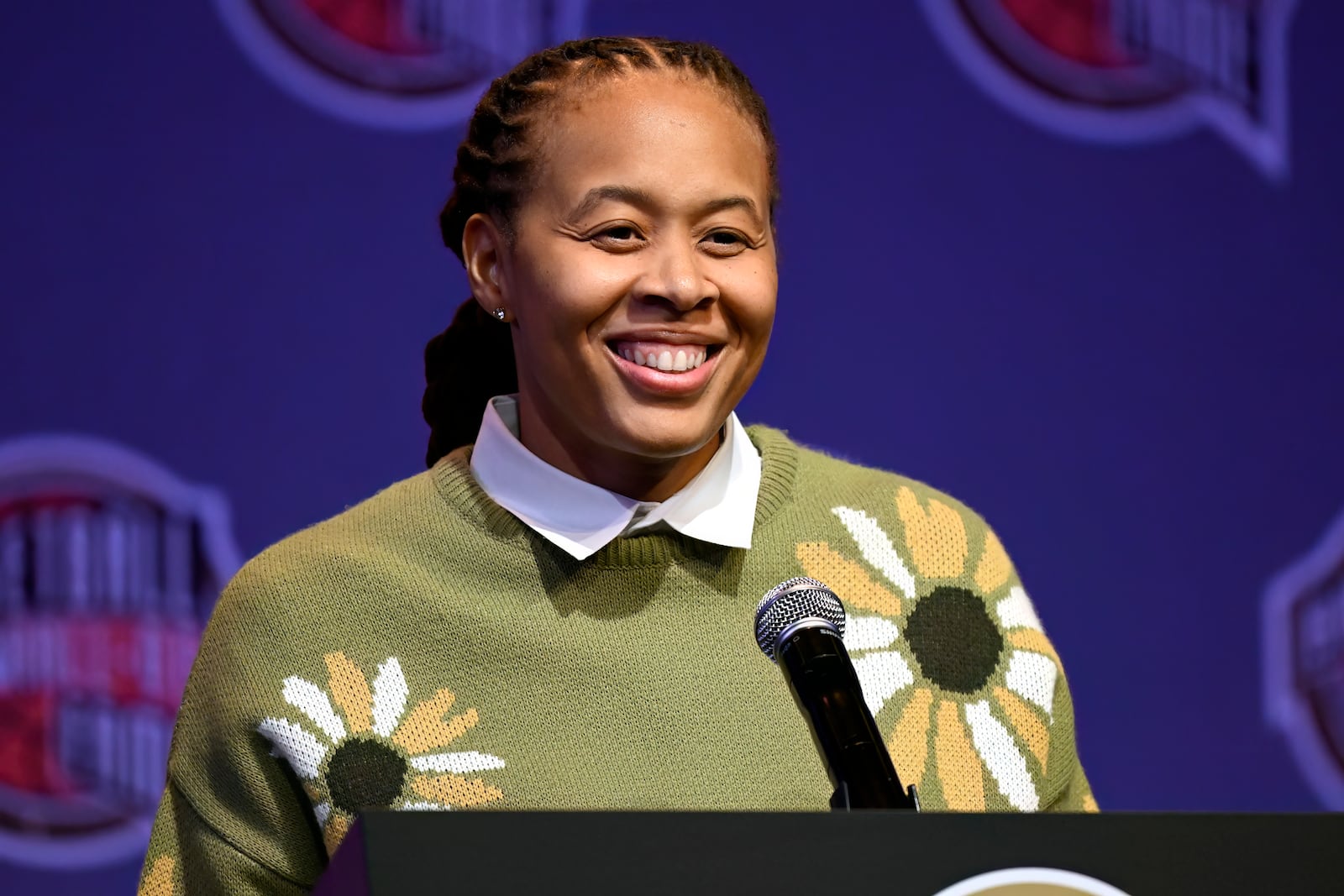 Basketball Hall of Fame Class of 2024 inductee Seimone Augustus speaks at a hall of fame news conference at Mohegan Sun, Saturday, Oct. 12, 2024, in Uncasville, Conn. (AP Photo/Jessica Hill)