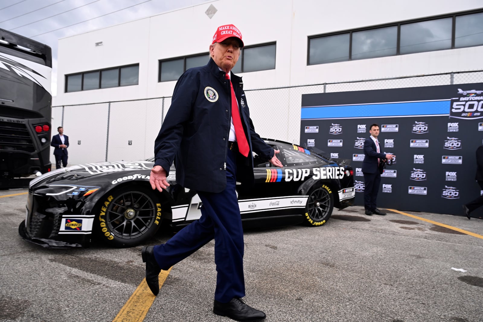 President Donald Trump attends the NASCAR Daytona 500 auto race at Daytona International Speedway, Sunday, Feb. 16, 2025, in Daytona Beach, Fla. (Pool via AP)