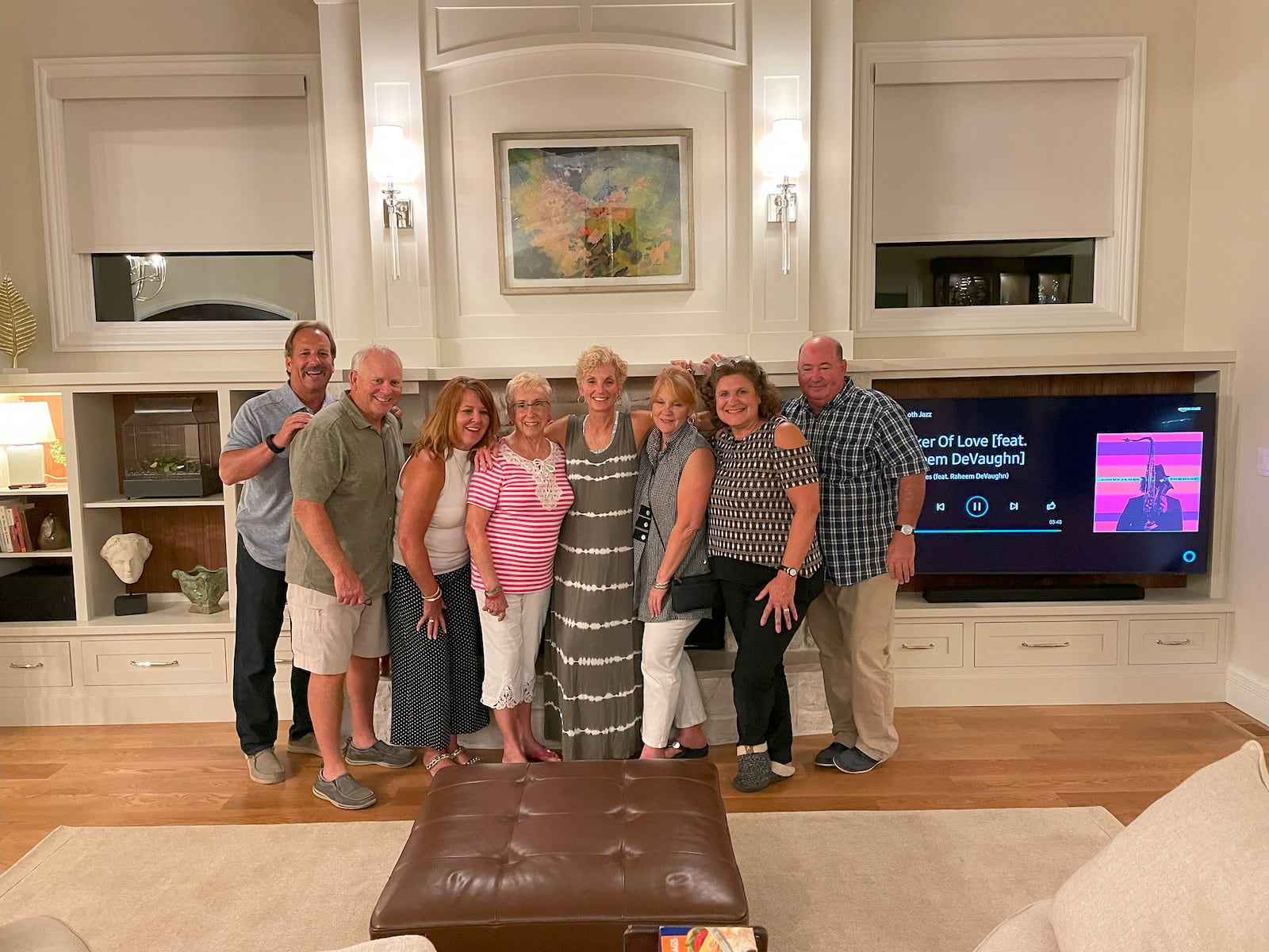 Many longtime high school friends (Stebbins High School) have gathered in the Wakers' new home: Gene Tartell (from left), Dave Williams, Peggy Williams, former teacher Jean Plunkett, Colleen Thornburgh, Jackie Tartell, Vicki and Ed Waker.