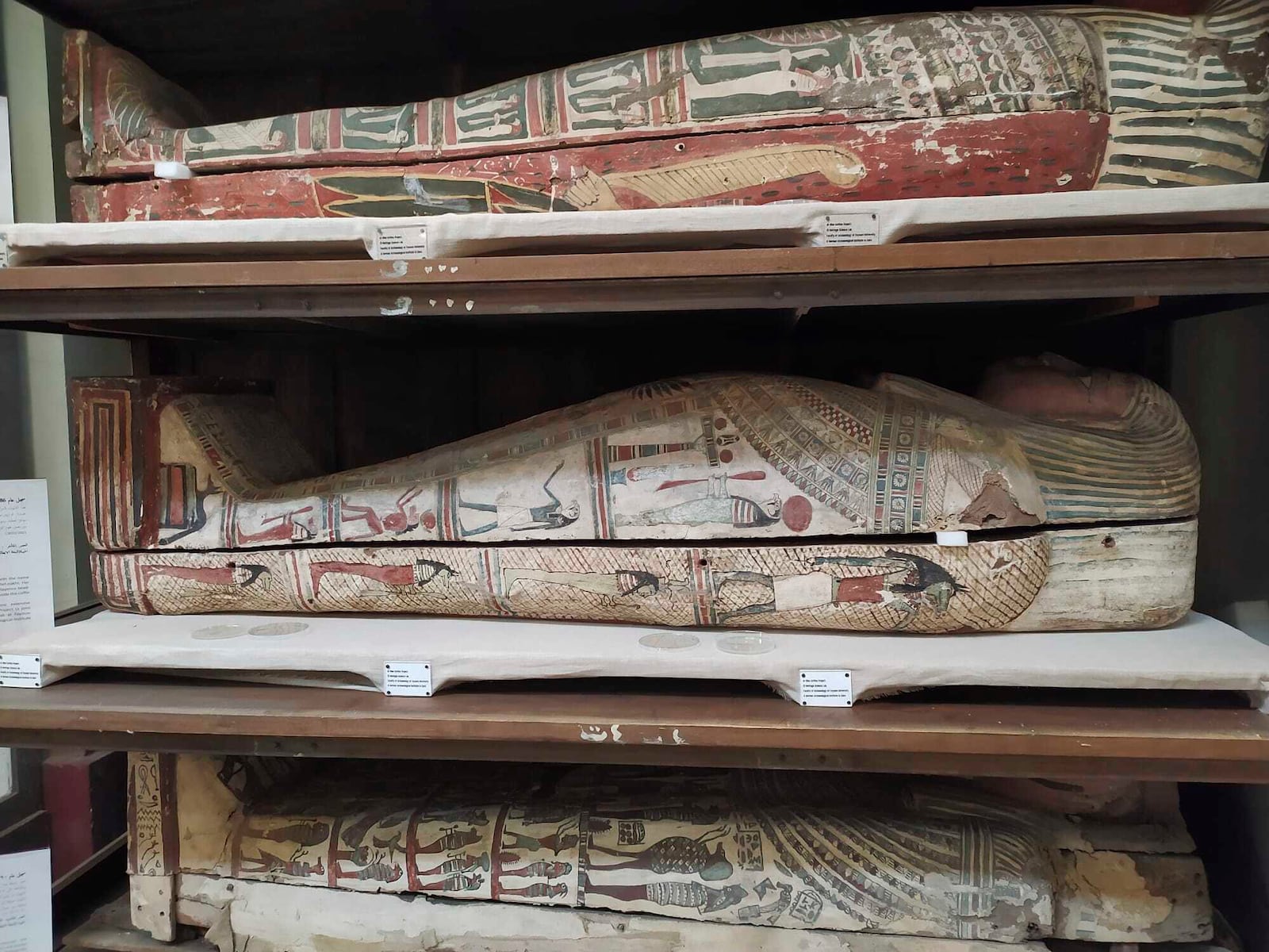 In this undated photo provided by Emma Paolin, a view of a selection of the mummified bodies in the exhibition area of the Egyptian museum in Cairo. (Emma Paolin via AP)