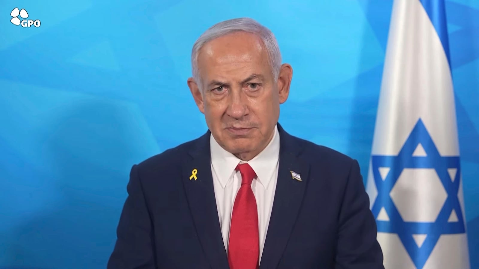 In this image made from a video released by the Israeli Government Press Office, Prime Minister Benjamin Netanyahu gives a statement Tuesday, March 18, 2025, in Tel Aviv, Israel. (Israeli Government Press Office via AP)