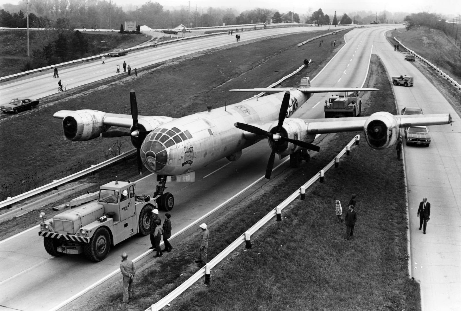 The Boeing B-29 Superfortress "Bockscar" moves from the Air Force Museum at Patterson Field down State Route 444 to the new home at historic Wright Field in 1970. PHOTO COURTESY OF THE UNITED STATES AIR FORCE