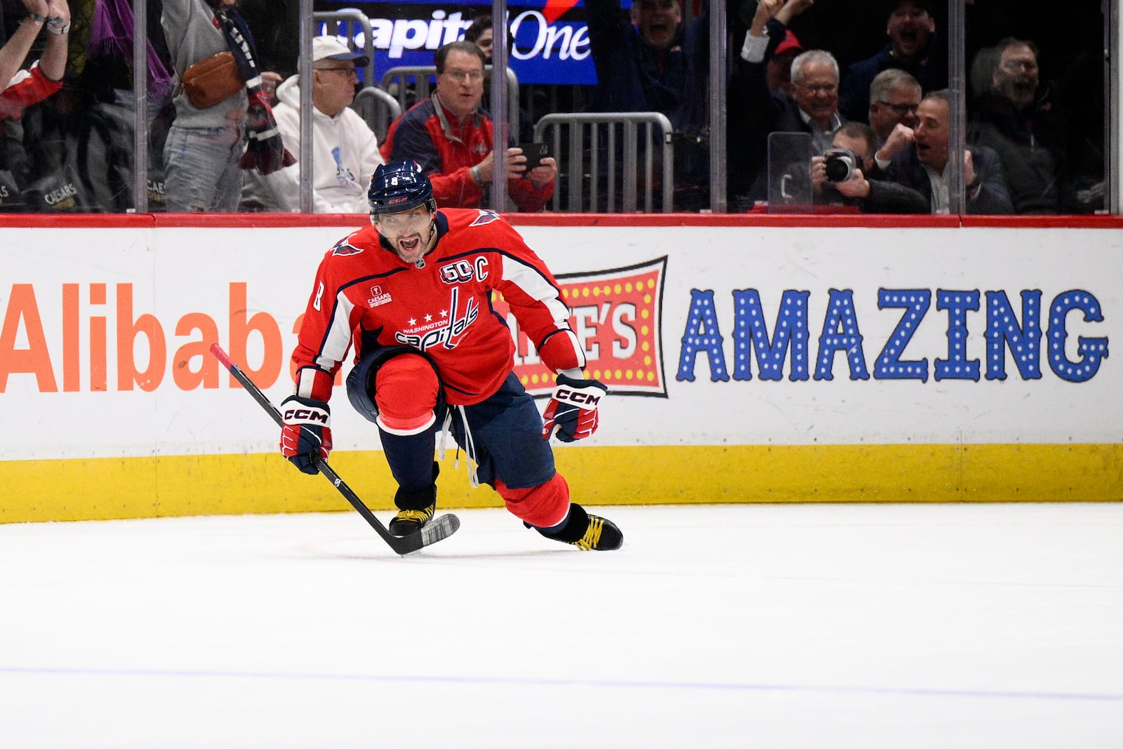 Washington Capitals left wing Alex Ovechkin celebrates after his goal during the second period of an NHL hockey game against the Edmonton Oilers, Sunday, Feb. 23, 2025, in Washington. (AP Photo/Nick Wass)