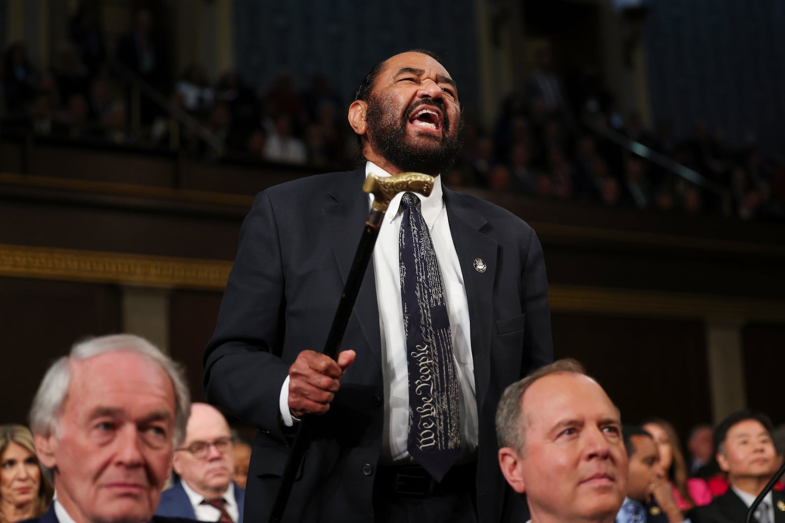 Rep. Al Green, D-Texas, shouts as President Donald Trump addresses a joint session of Congress at the Capitol in Washington, Tuesday, March 4, 2025. (Win McNamee/Pool Photo via AP)