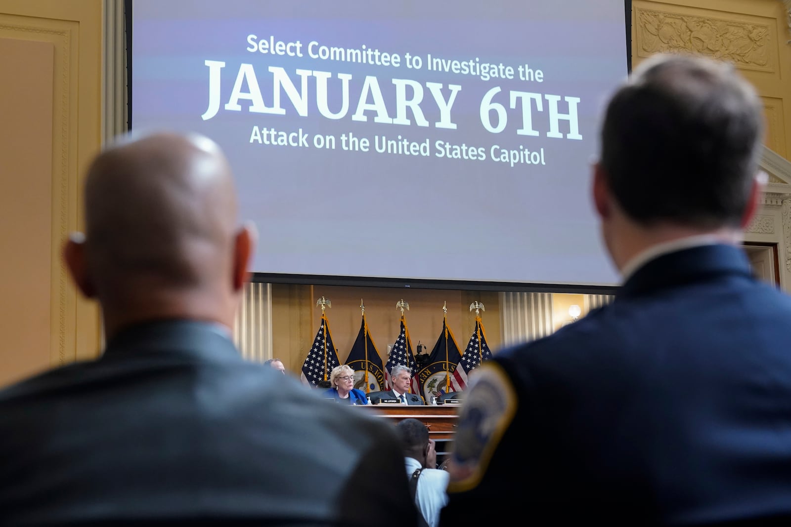 FILE - U.S. Capitol Police Sgt. Aquilino Gonell, left, and Washington Metropolitan Police Department officer Daniel Hodges listen as the House select committee investigating the Jan. 6 attack on the U.S. Capitol holds a hearing on Capitol Hill in Washington, Oct. 13, 2022. (AP Photo/Jacquelyn Martin, File)