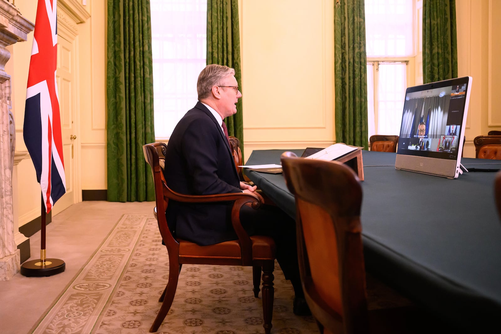 Britain's Prime Minister Keir Starmer speaks with European leaders at the beginning of a video conference at 10 Downing Street in London, England, March 15, 2025. (Leon Neal/Pool Photo via AP)