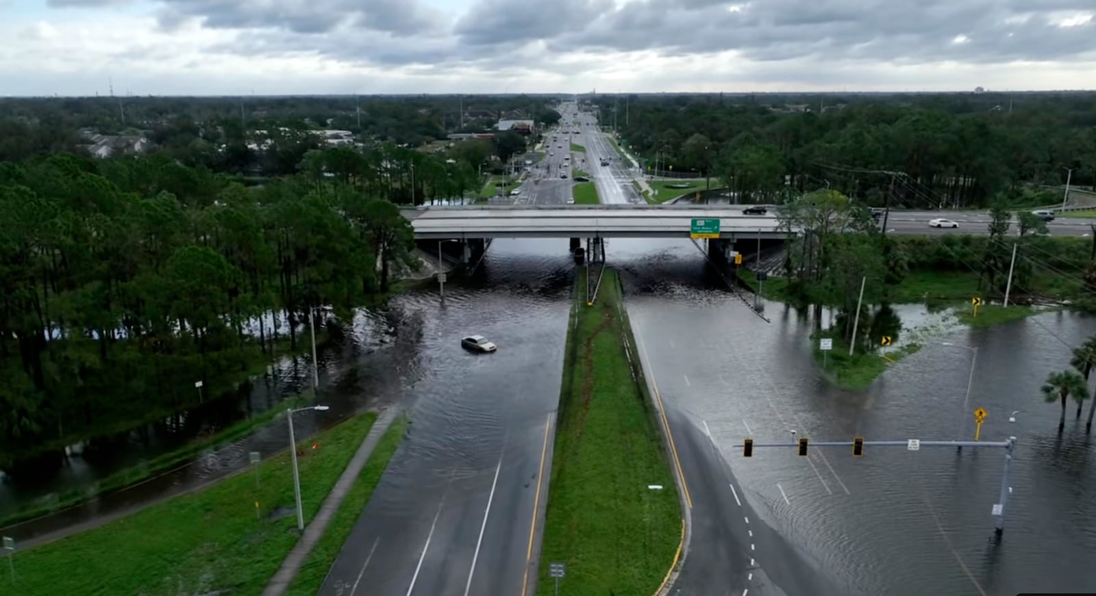 This image provided by the Hillsborough County Sheriff's Office shows an aerial view of the extensive flooding on Hillsborough Ave. in Tampa, Thursday, Oct. 10, 2024 after Hurricane Milton passed through the area. (Hillsborough County Sheriff's Office via AP)