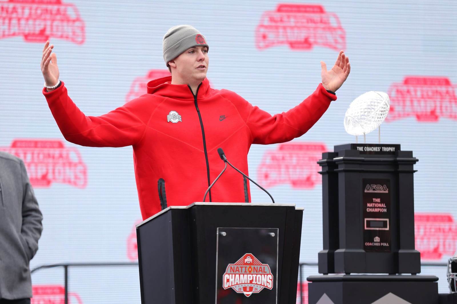 Ohio State quarterback Will Howard gives a speech during the National Championship football celebration at Ohio Stadium in Columbus, Ohio, Sunday, Jan. 26, 2025. (AP Photo/Joe Maiorana)