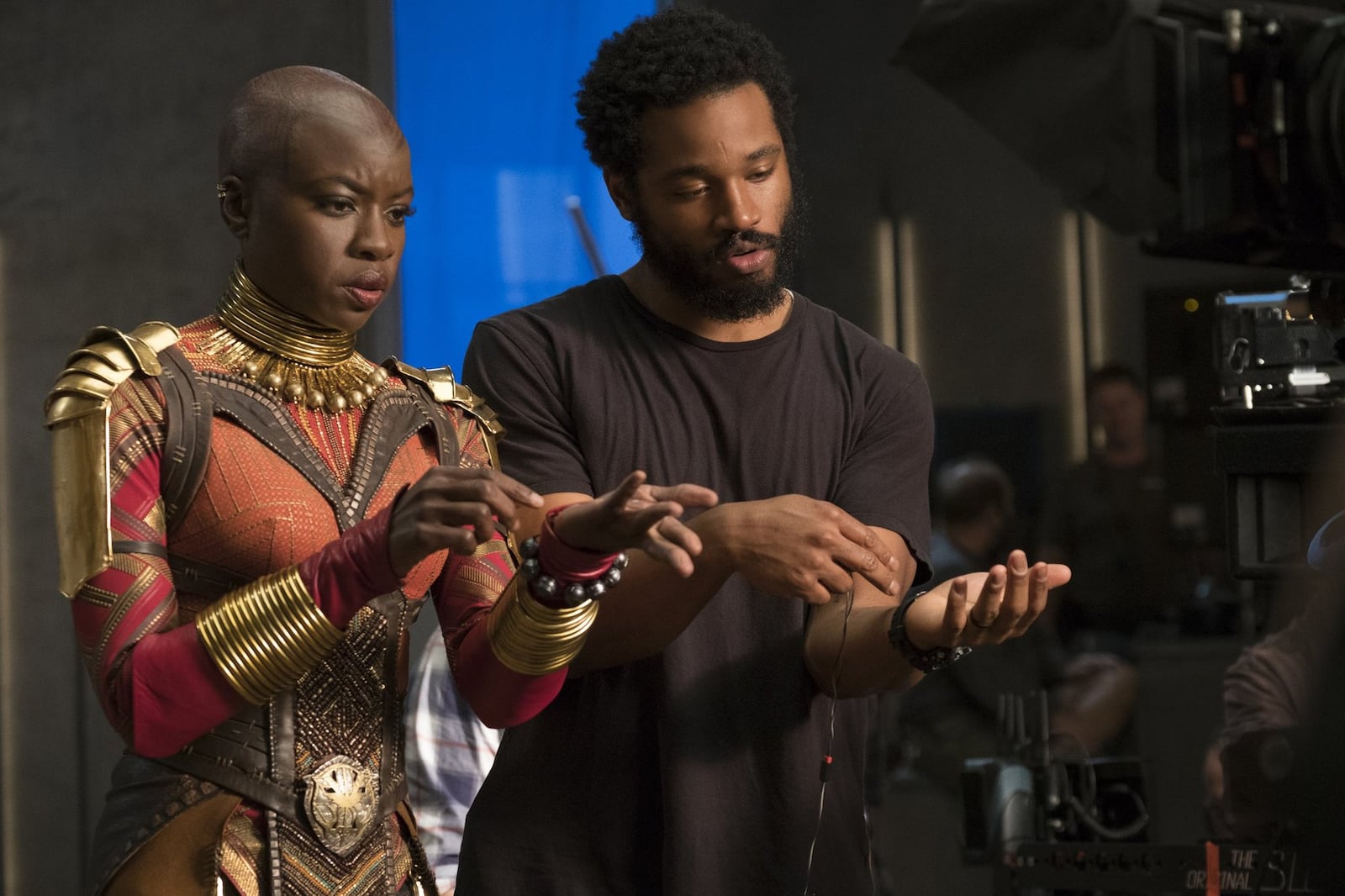 Danai Gurira as Okoye with "Black Panther" director Ryan Coogler. PHOTO BY MATT KENNEDY, MARVEL STUDIOS