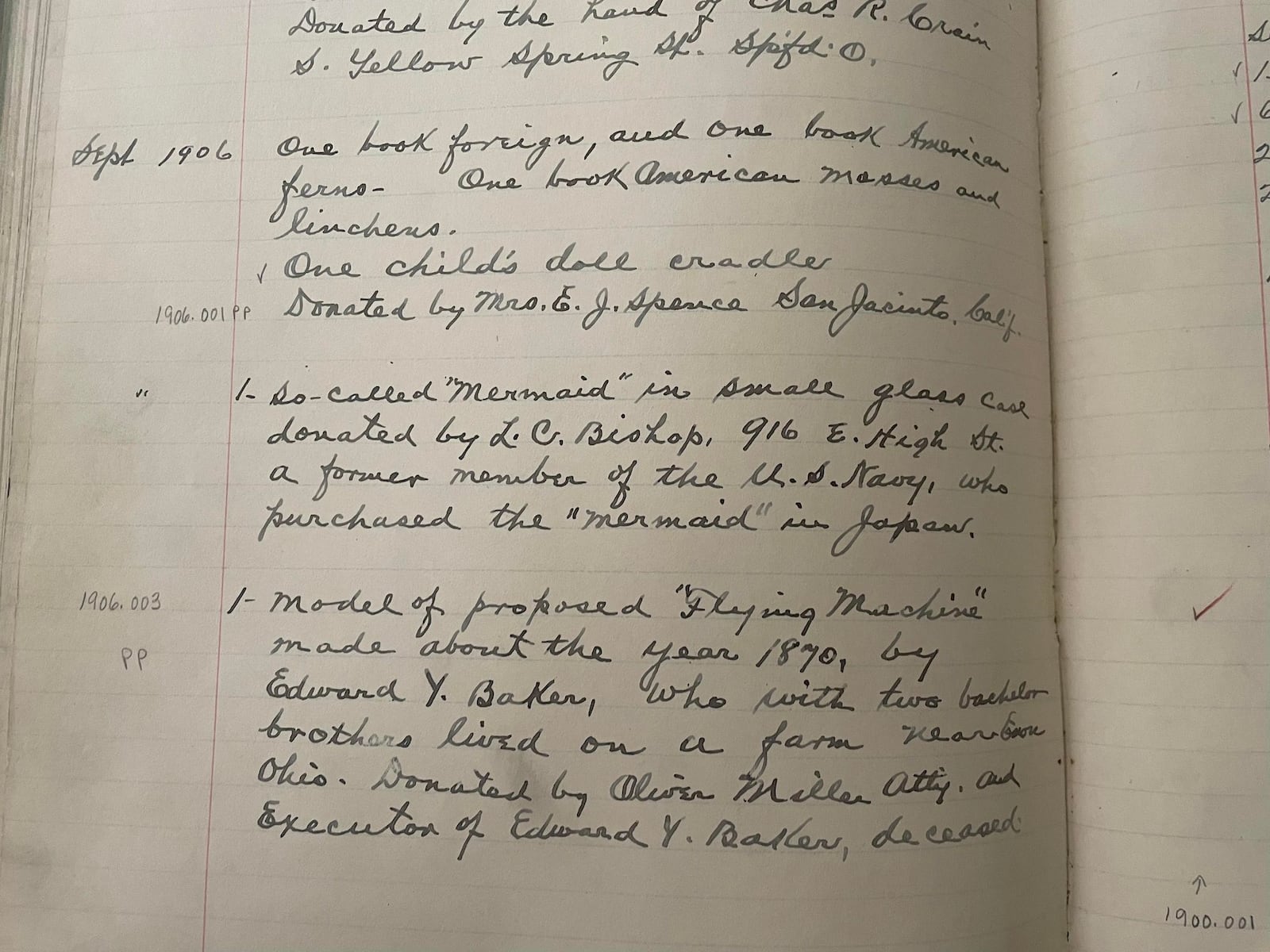 The Clark County Historical Society's "Fiji Mermaid" was donated in September 1906 by someone named L.C. Bishop that was in the Navy and purchased it in Japan. Contributed