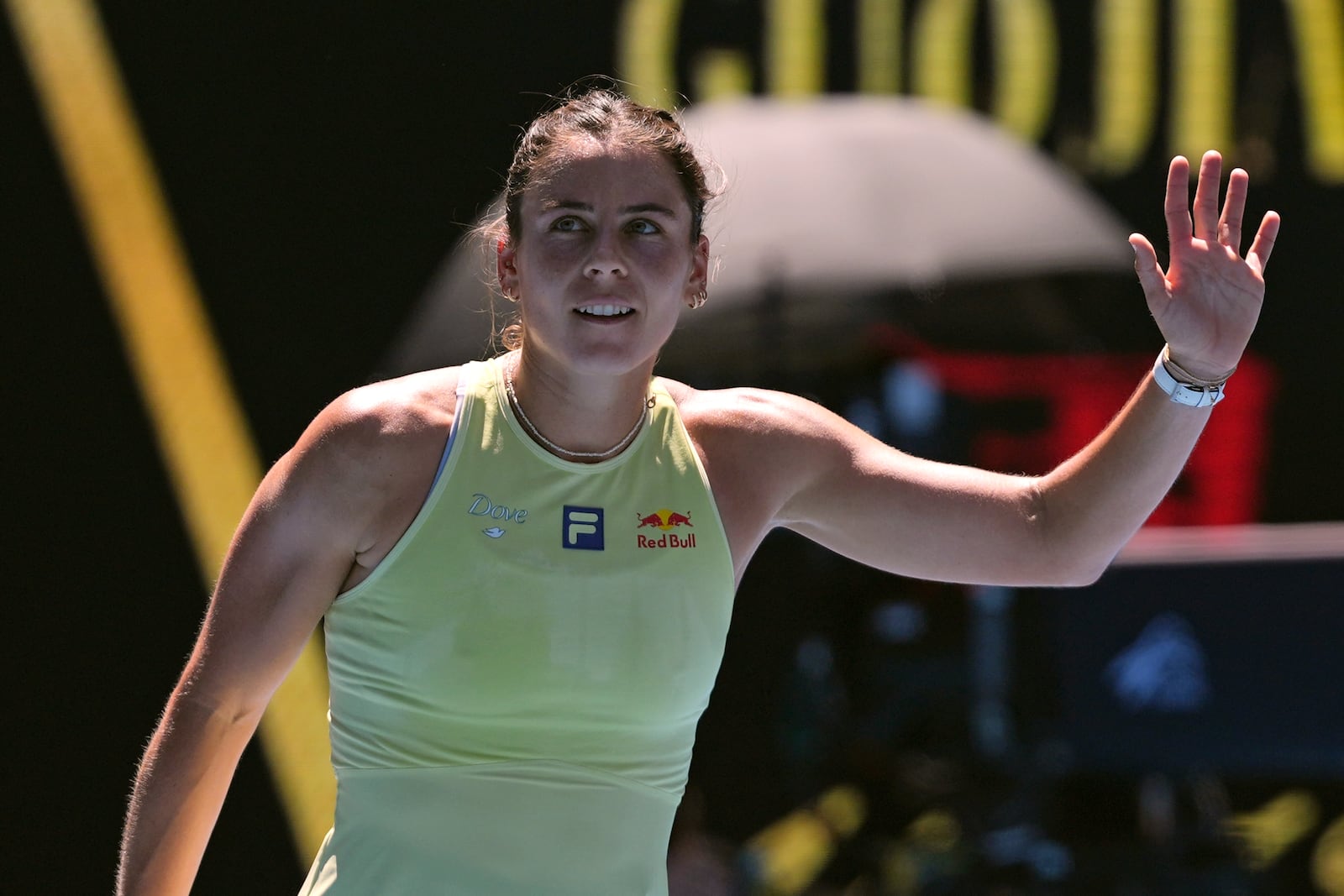 Emma Navarro of the U.S. reacts after defeating Peyton Stearns in their first round match at the Australian Open tennis championship in Melbourne, Australia, Tuesday, Jan. 14, 2025. (AP Photo/Ng Han Guan)