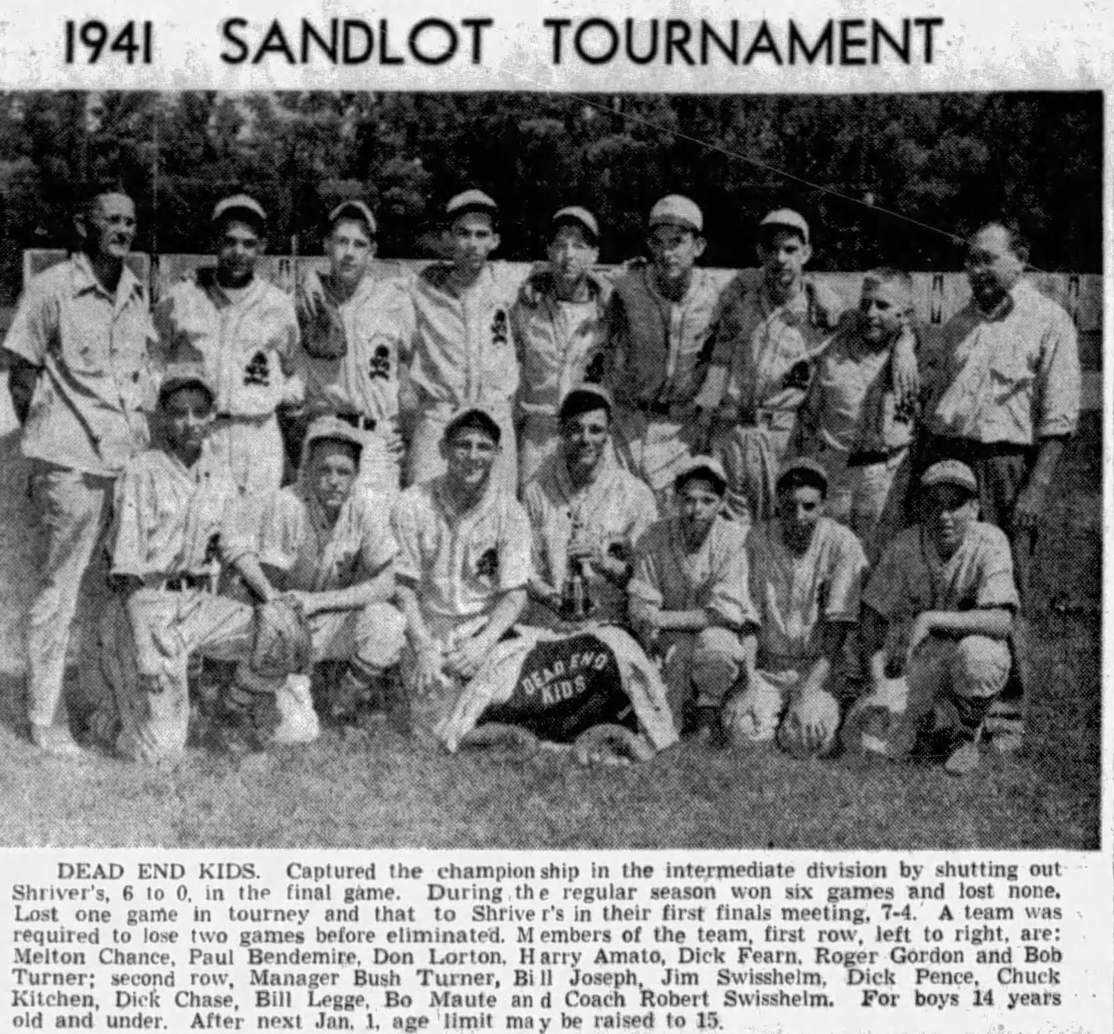 Harry Amato is seated in the center of this picture of the Dead End Kids, the undefeated champions of Springfield's Sandlot league.