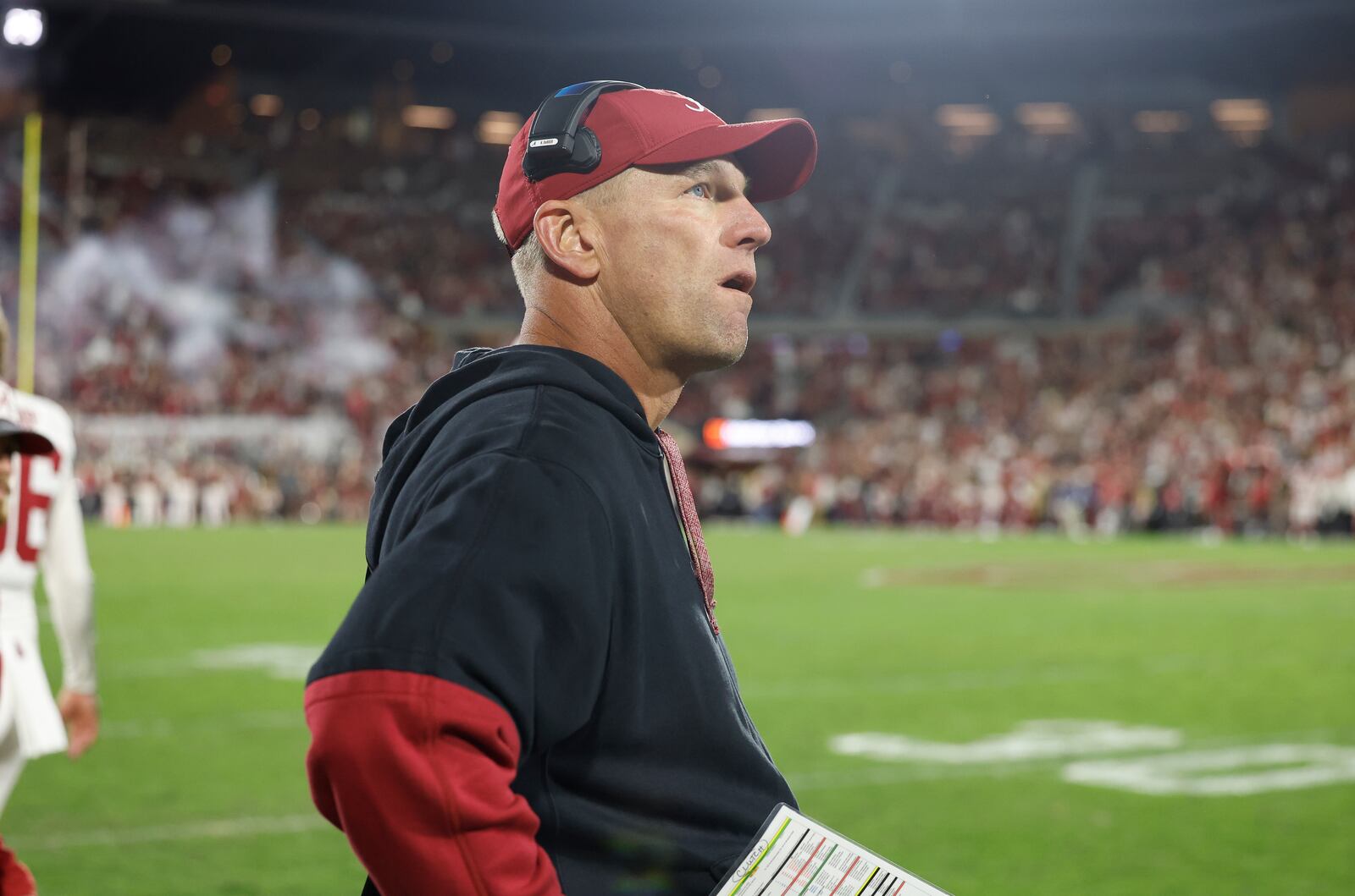 Alabama head coach Kalen DeBoer watches his team play against Oklahoma during the second half of a NCAA college football game Saturday, Nov. 23, 2024, in Norman, Okla. (AP Photo/Alonzo Adams)