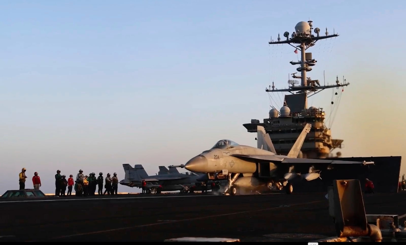 This image taken from video provided by the U.S. Navy shows an aircraft launching from a carrier in an undisclosed location before airstrikes in Sanaa, Yemen, Saturday, March 15, 2025. (U.S. Navy via AP)