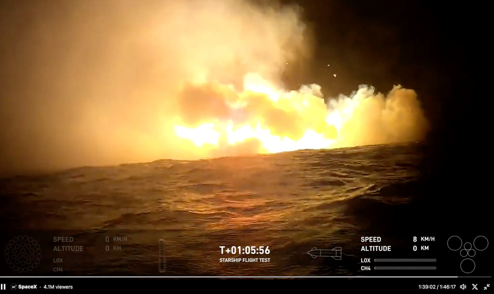 This image provided by SpaceX shows smoke and fire from SpaceX's mega Starship rocket after landing in the water in the Indian Ocean after returning during a test flight, Sunday, Oct. 13, 2024. (SpaceX via AP)