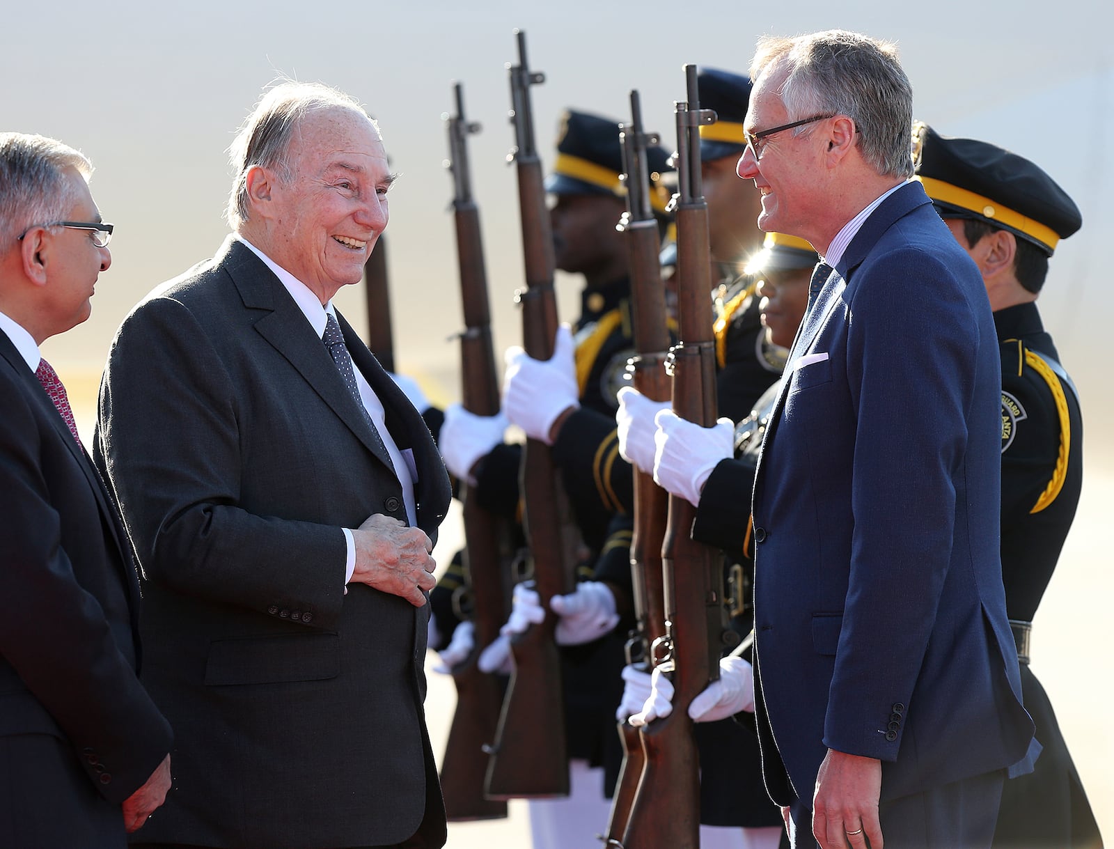 FILE - Lt. Governor Casey Cagle welcomes His Highness the Aga Khan, the 49th hereditary Imam (spiritual leader) of the world's Shia Ismaili Muslim Community, as he arrives at Fulton County Airport to celebrate with his Georgia followers his 60th anniversary as their leader Tuesday, March 13, 2018, in Atlanta. (Curtis Compton/Atlanta Journal-Constitution via AP)