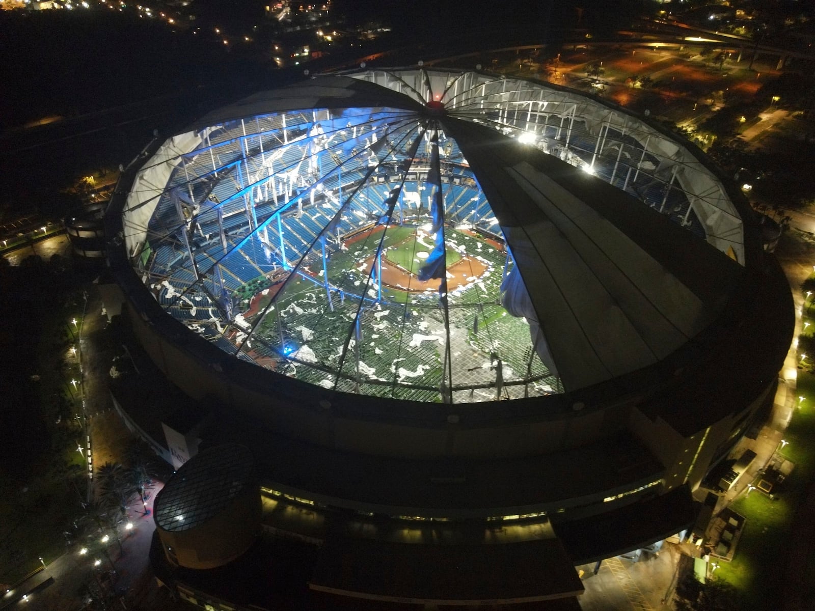 An aerial view of Tropicana Field's shredded roof in downtown St. Petersburg, Fla., in the wake of Hurricane Milton early Thursday, Oct. 10, 2024. (Max Chesnes/Tampa Bay Times via AP)