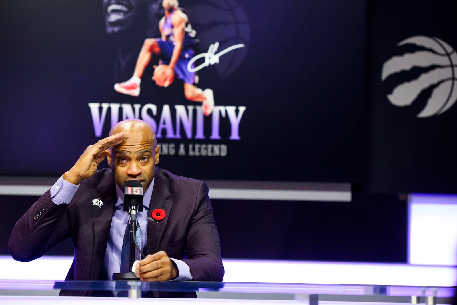 Former Toronto Raptors player Vince Carter speaks to media ahead of his number retirement, before an NBA basketball game between the Toronto Raptors and the Sacramento Kings at the Scotiabank arena in Toronto on Saturday, Nov. 2, 2024. (Christopher Katsarov/The Canadian Press via AP)