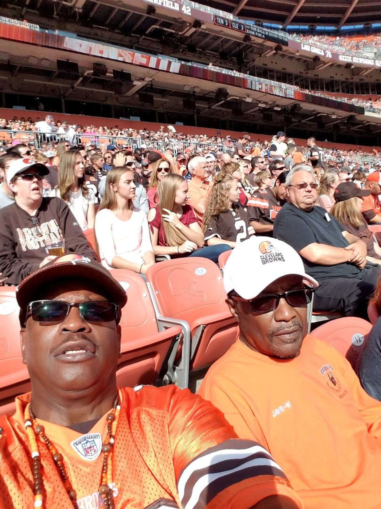 Phil Kelly (on left) president of Northwest Browns Backers of Dayton with Johnny Wright , at FirstEnergy Stadium. CONTRIBUTED